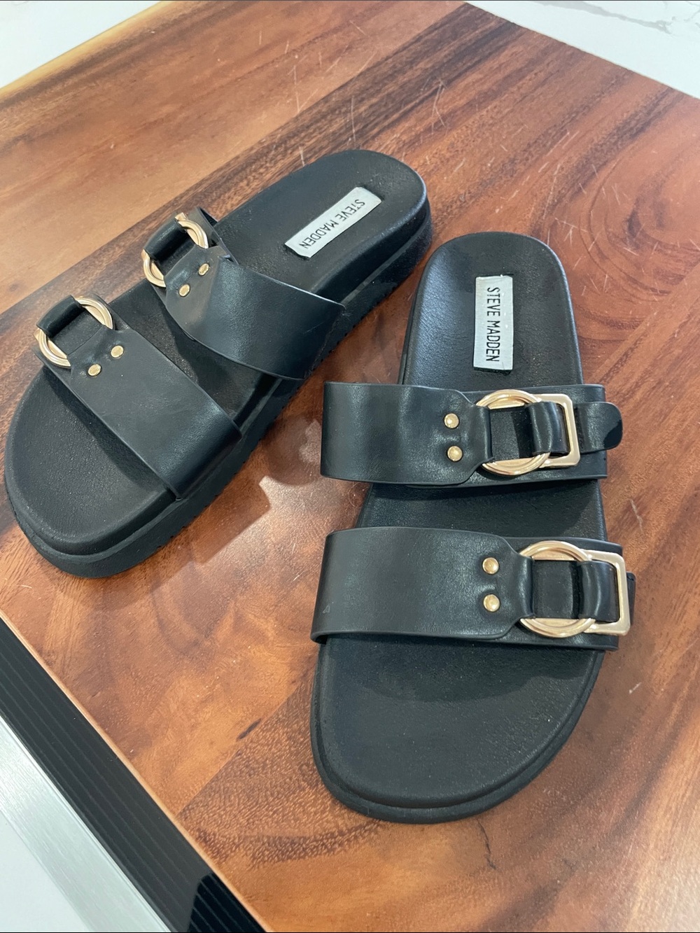 Steve Madden Black Slide Sandals with Gold Buckles